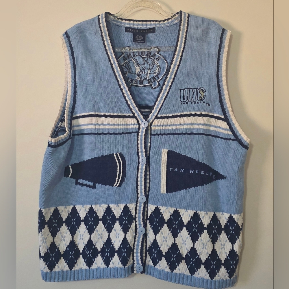 Vintage Birch Bros Sweater Vest UNC Carolina Tarheels Collegiate Argyle Rare XL
